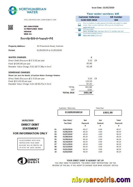 United Kingdom Northumbrian Water utility bill version 2